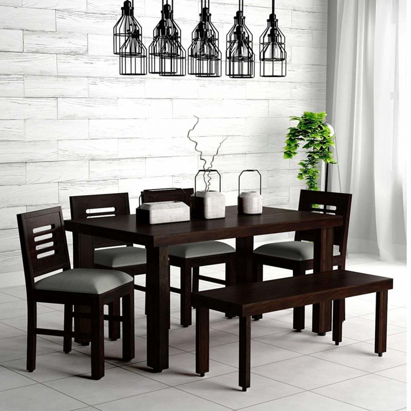  Sheesham Wood 6 Seater Dining Table | Dining Room Furniture | 4 Chairs with Cushion & 1 Bench